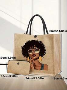 2 件复古女孩图案手提包套装轻便购物袋配迷你零钱包，适合海滩、旅行、返校、日常使用，是海滩度假和度假必需品的完美选择