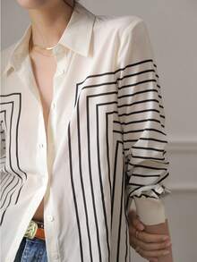 YUXIN Women's Spring/Autumn Geometric Striped Silk Blouse, Long Sleeve Fitted Collared, Breathable & Fashionable, Suitable For Office/Light Social Occasions - Multicolor - View 12