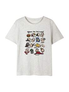 女士复古卡通图案宽松露肩T恤，复古街头Y2K风格休闲美学灰色上衣 - 淺花灰 - 查看 5