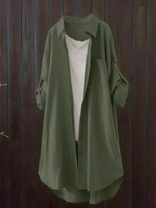 Plus Size Casual Solid Color Long Shirt - Army Green - View 1