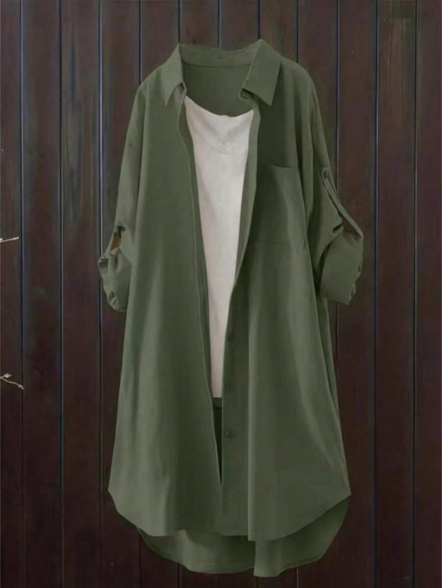 Plus Size Casual Solid Color Long Shirt - Army Green - View 1