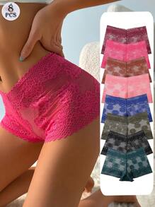8 PCS Women's Lace Splicing Mid Waist Boxer Shorts Underwear Set - Sexy Butt Enhancer Panties Comfortable Stretch Cheeky Briefs Daily Wear & Sports Yoga Lingerie