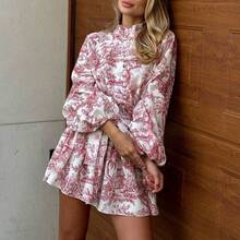 2025 New Women's Elegant Fashion Long Sleeve Lace-Up National Style Printing Dress - Bản in màu đỏ - Xem 2