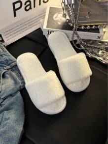 1 paire de pantoufles d'intérieur mode de couleur unie, pantoufles moelleuses en peluche pour femmes avec semelle souple, légères, convenant pour le salon et la chambre à coucher, toutes saisons