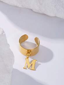 2025 最新时尚 26 个字母 A-Z 吊坠开口戒指，18K 镀金不锈钢可调节珠宝拇指环，男女皆宜，日常佩戴 - 金色 - 查看 12