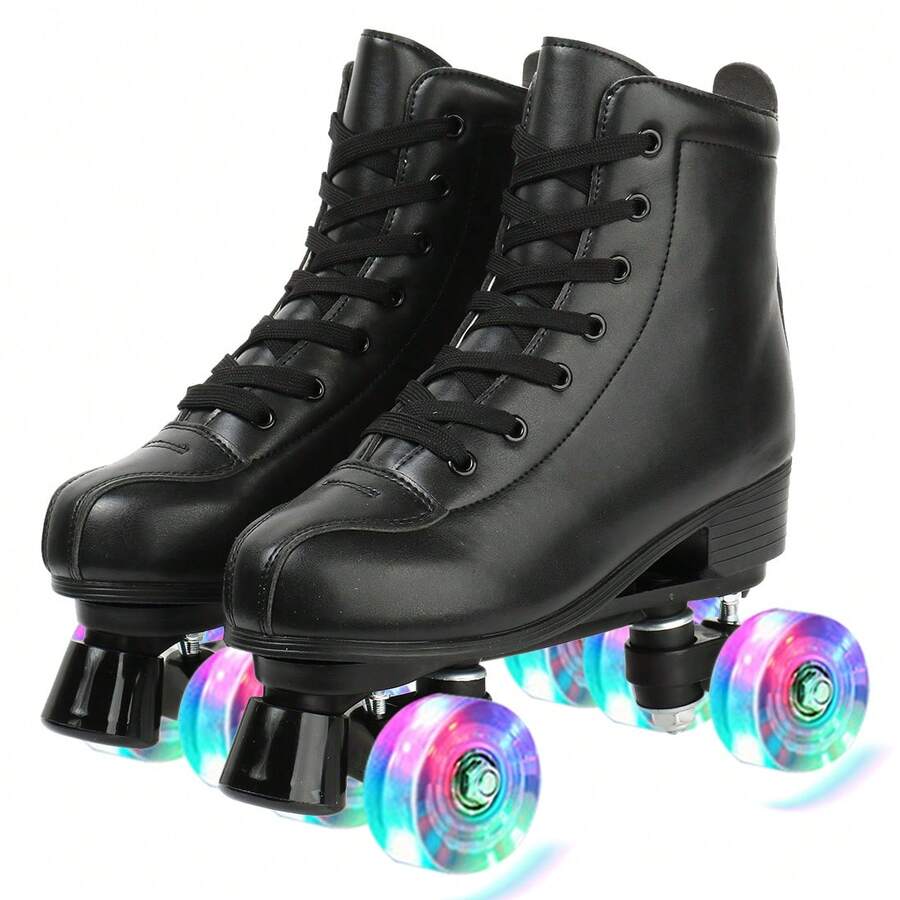 Gets Women's Roller Skates, Men's Roller Skates, Double Rows Of Roller Skates (Suitable For Beginners), Professional Indoor And Outdoor Roller Skates, Roller Skating Enthusiasts, With Shoe Bag, Holiday Gifts - 黑色閃光輪 - 查看 1