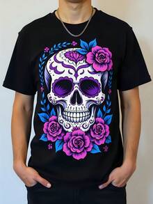 Camiseta de mujer 180g negro algodón cuello redondo manga corta con estampado de calavera con rosas estilo Catrina Día de los Muertos moda urbana casual - Negro - Ver 1