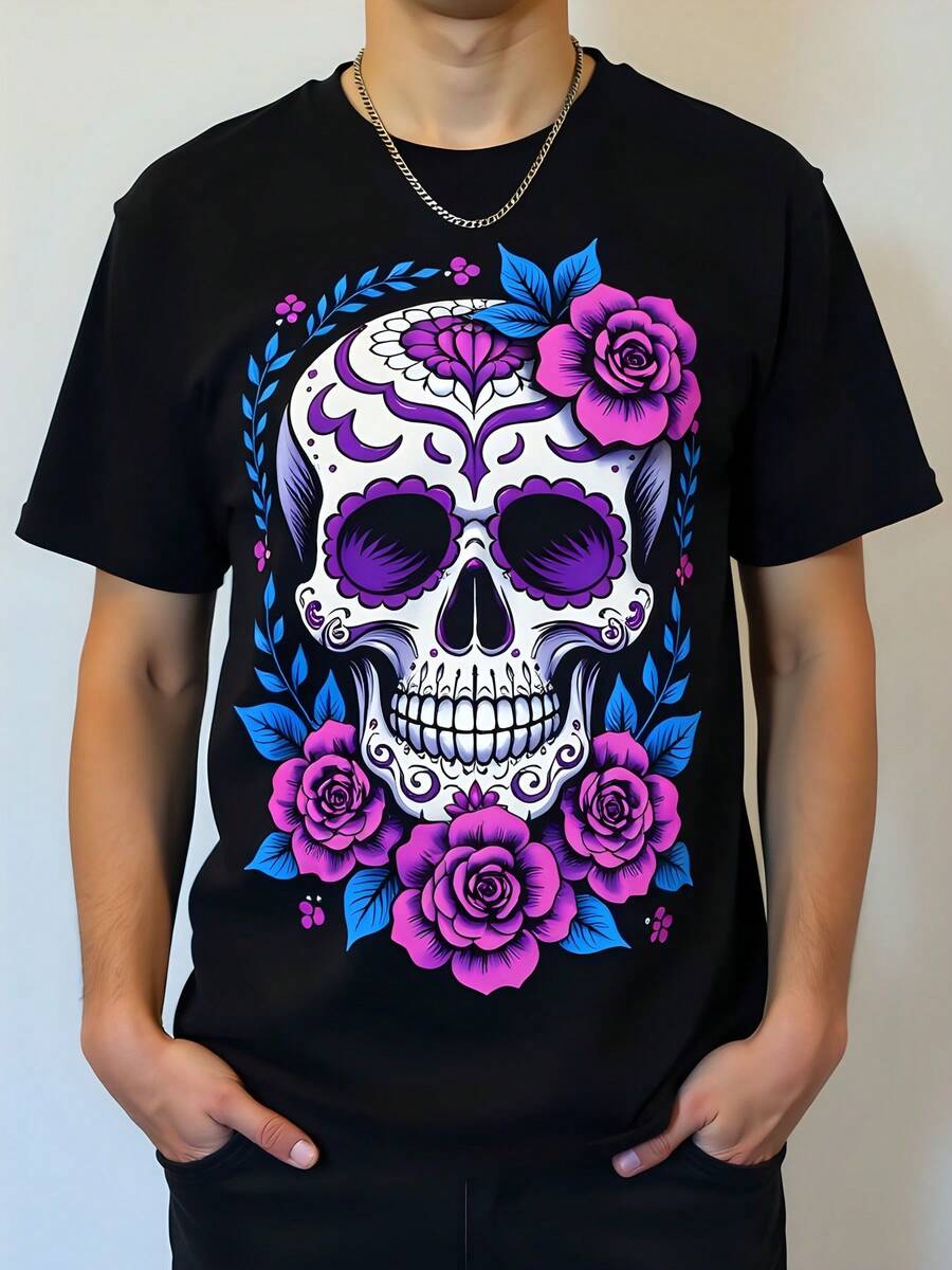 Camiseta de mujer 180g negro algodón cuello redondo manga corta con estampado de calavera con rosas estilo Catrina Día de los Muertos moda urbana casual - Negro - Ver 1