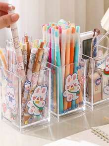 1pc Acrylic Smooth Three Compartment Brush Holder, Office Desktop Cosmetics Storage Box, Transparent Plastic Makeup Brush Holder, Toilet Vanity Storage Rack, Suitable For Brush, Eyebrow Pencil, Cosmetics Storage, Bathroom Storage, Perfume Stand ShelfBedroom Storage, Bedroom Decoration, Travel Essentials, Bathroom Accessories