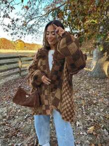 Vivid Style Women's Checkered Knitted Cardigan, Lantern Sleeve Relaxed-Fit Oversized Jacket, Retro Autumn/Winter Sweater