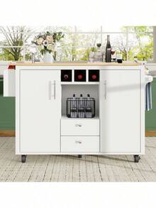 "White Kitchen Cart With Folding Worktop | Buffet Cabinet & Trolley | Towel Rack, Spice & Wine Racks | Adjustable Shelves" - White - View 3