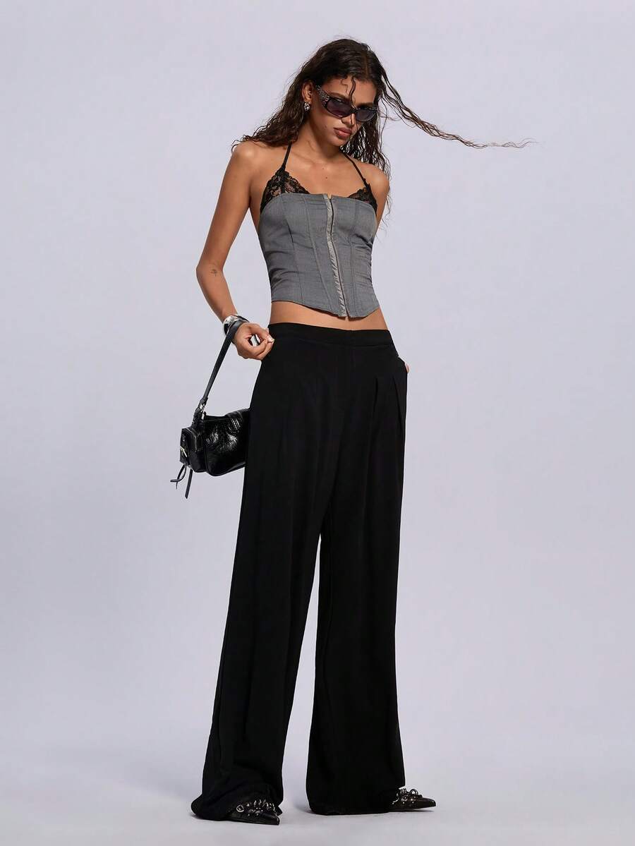 ROMWE 修身蕾丝立领女式背心 - 灰色 - 查看 1