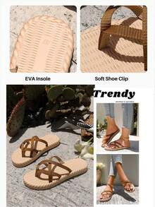 planare 女士时尚休闲度假优雅圆头编织PU露趾舒适日常夏季棕色凉鞋平底凉鞋