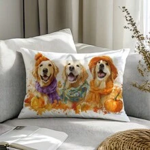 1 件秋季水彩南瓜与金毛猎犬装饰枕套，柔软桃色天鹅绒材质，30*50 厘米单面印花，乡村风格家居客厅卧室装饰靠垫套