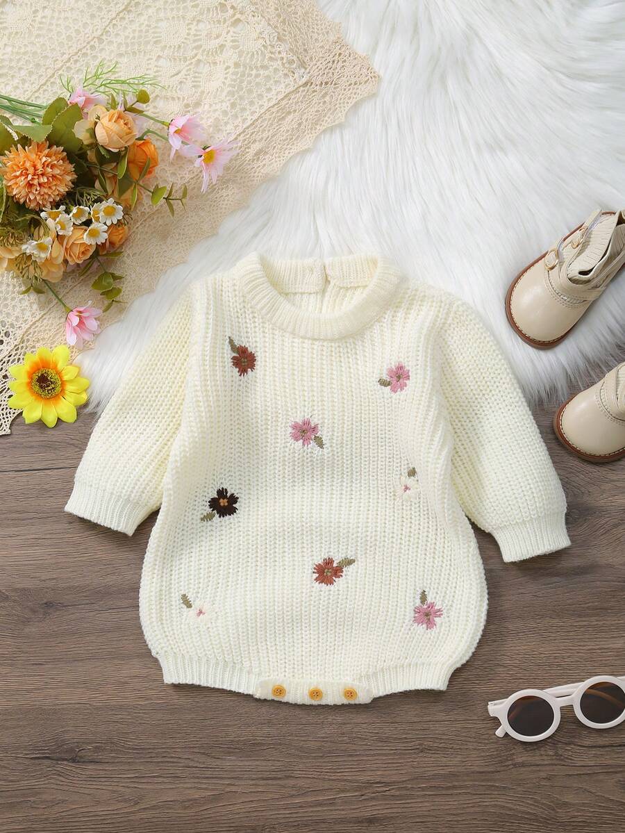 Newborn Knitted Cute Floral Embroidered Bodysuit - White - View 1