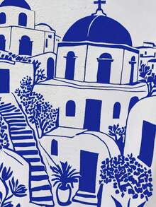 藍白配色，希臘小鎮圖案印花，春夏 男童/女童同款 純棉T卹 羅紋 學院風運動垂感柔軟透氣童裝短袖上衣 - 白色 - 查看 3