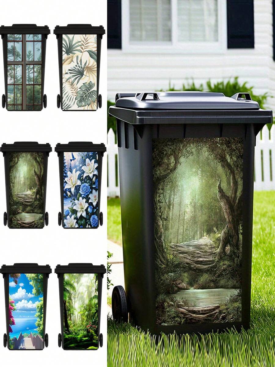 3D 夏日海滨,神秘森林印花垃圾桶贴纸防水 PVC 户外垃圾桶垃圾桶海报可撕可贴 4 种尺寸 - 彩色 - 查看 1