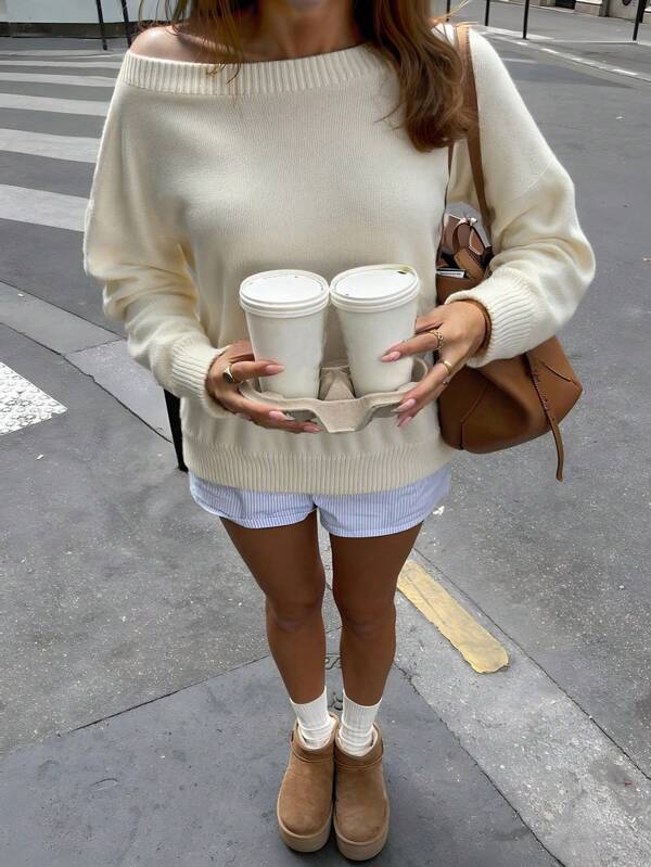 Women's Fashionable Solid Crew Neck Knit Long Sleeve Pullover Sweater, Back To School