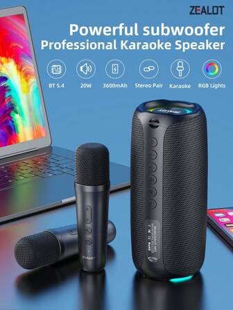  Altavoz inalámbrico ZEALOT MP2 de 20W para karaoke, altavoz Bluetooth, batería de larga duración de 3600mAh, hasta 8 horas de reproducción, luces RGB, compatible con smartphone/tableta/TV. Admite tarjeta SD/entrada USB/AUX, emparejamiento en cadena, adecuado para coche, exterior, camping, fiesta, etc.
