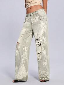 ROMWE 女士宽松版型做旧毛边口袋牛仔低腰牛仔裤