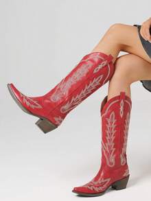 Women's Vintage Classic Western Knee High Cowboy Boots Fashion Embroider Block Chunky Heel Pull On Pointed Toe Retro Cowgirl Boots - Red - View 3
