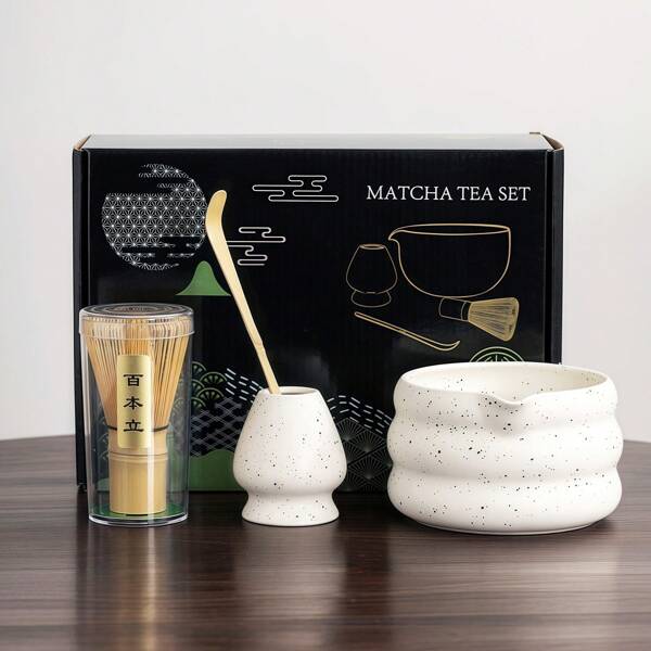7pcs/Set Or 4pcs/Set Japanese Style Matcha Bowl Tea Set, Sanded Glaze Matte White, Includes Tea Whisk Holder