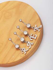 1 件时尚经典 26 个字母形状不锈钢水钻肚脐环，简约风格身体穿孔首饰适合女性日常、海滩、旅行