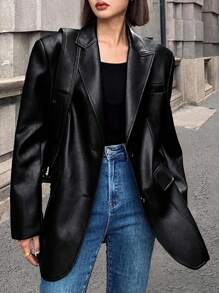 女士宽松 PU 皮夹克，街头风格，秋冬