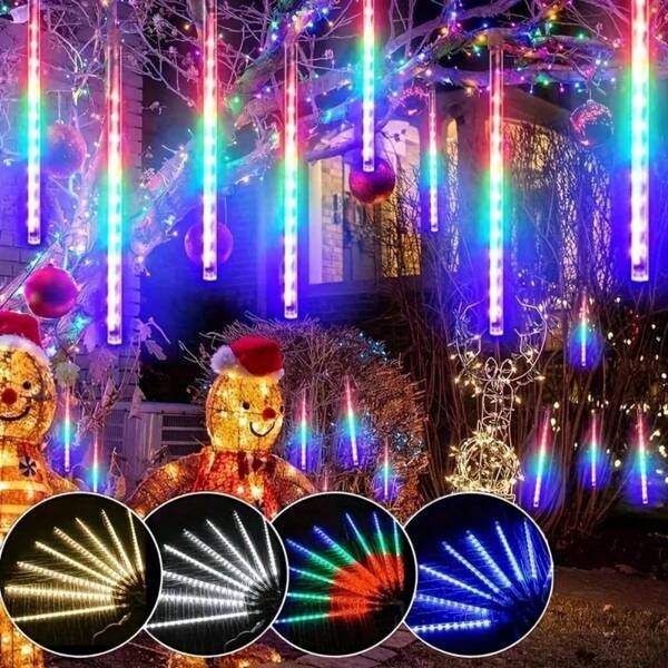 1 JUEGO/8 piezas 192LED Lámpara de columna de hielo con efecto de lluvia de meteoritos solar y creativa. Puede crear una atmósfera romántica y brillante, con cuatro colores de luz a elegir: azul, blanco, cálido. Adecuada para bodas, fiestas, jardines, árboles festivos, bares, cafeterías, exhibiciones de tiendas, patios y decoraciones de porche.