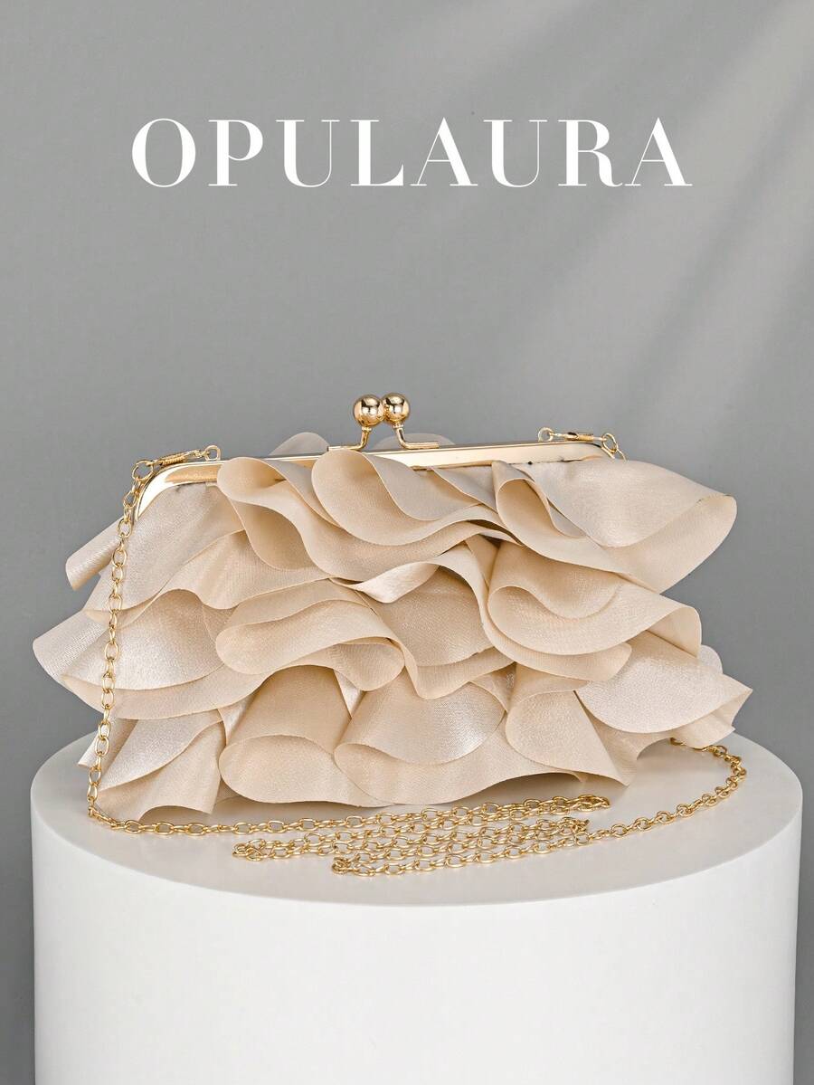 OpulAura 女士优雅迷人花瓣派对手拿包，荷叶边设计晚装包，适合婚礼/度假/正式派对/舞会，配有链条，花瓣形状随机发货 - 杏色 - 查看 1