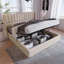 Cama tapizada 160x200 cm, cama hidráulica de lino, diseño de rayas verticales, somier moderno con espacio de almacenaje, cama funcional con canapé, estructura de metal, color beige lino