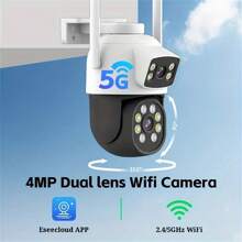 1 pieza Cámara de seguridad inalámbrica para exteriores con doble lente de 2MP+2MP, WIFI de 5G, sistema de cámara IP de vigilancia doméstica inteligente con PTZ, seguimiento automático, alerta y visión nocturna a color, con rotación panorámica e inclinación, compatible con audio bidireccional