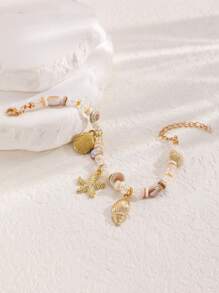 1 Peça Pulseira Feminina com Decoração de Conchas Marinhas, Estrelas-do-mar e Contas, em Estilo Praia de Verão, Elementos Oceânicos da Moda Adequados para Praia, Férias, Festa, Uso em Festivais de Música