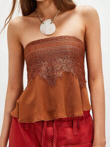 Women Summer Strapless Boho Tube Top Sleeveless Lace Floral Smocked Ruffle Hem Peplum Tops Y2K Going Out Shirts - 咖啡棕 - 查看 1