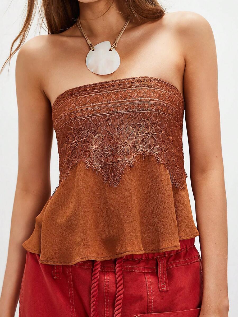 Women Summer Strapless Boho Tube Top Sleeveless Lace Floral Smocked Ruffle Hem Peplum Tops Y2K Going Out Shirts - 咖啡棕 - 查看 1