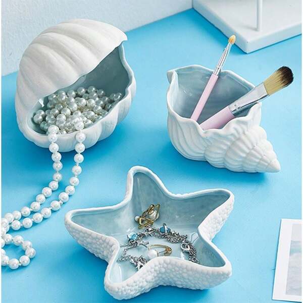 1 Pc Conch Shape Ceramic Jewelry Tray, Multi-Purpose Lovely And Luxurious Home Marine Decor, Ocean Style Earrings Necklace Storage For Rings, Watch, Key