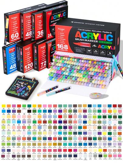 240色直液丙烯马克笔，儿童学校指定绘画精选套装，广纳，兰果，学生用美术专业绘图绘画彩色软头马克笔纸质紧密可堆叠DIY涂鸦涂色书彩笔可画玻璃石防水人体彩绘画笔，返校季，生日，万圣节，圣诞节礼物。