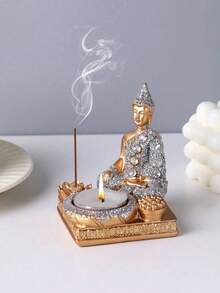 Estatua de Buda pequeña decorativa de escritorio con incrustaciones de ladrillos de resina (no incluye taza de hierro) - Multicolor - Ver 2
