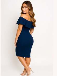 Ribbed Knit Midi Dress Ruffle  Fashion Evangelical Simple Knit Fabric None Wedding Evening Holiday Office Birthday Party Baby Shower Photoshoot Homecoming - 藍色 - 查看 3