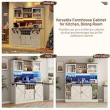 Mueble bar grande de 182 cm de alto y 160 cm de ancho con tomacorriente, luz LED de 6000 colores, tablero perforado, aparador rústico con puerta de granero, 2 cajones grandes, estantes ajustables, soporte para 10 botellas de vino y copas, 5 ganchos para cocina.