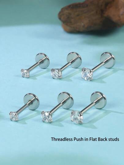 6PCS 16G Flat Back Earrings Stainless Steel Threadless Tragus Cartilage Nose Stud Push Pin Lip Stud Rings Medusa Rings Jewelry Hypoallergenic