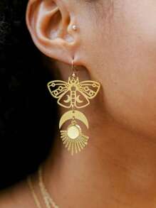 2 piezas Pendientes con colgante de forma de luna calada de piedra natural exquisita, pendientes con colgante de estilo bohemio de metal dorado para mujeres, adecuados para salidas, fiestas, reuniones, a juego con ropa diaria
