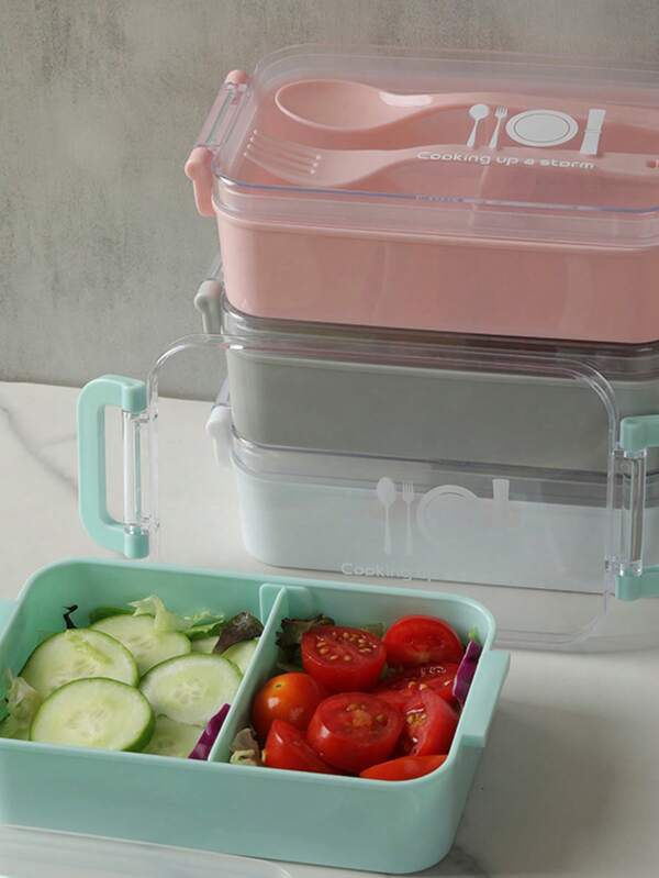 A Rectangular Japanese-Style Woven Tableware Travel Box, School Supplies, With A Capacity Of 450 Milliliters, Equipped With A Spoon And Fork, With A Lid And Divided Into Two Compartments In A Double-Buckle Design, Leak-Proof Design, Suitable For Storing Lunches, Sandwiches, Salads, Etc.
