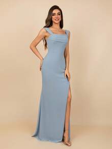 MOEVIO Women's Off Shoulder Ruched Bust Chiffon Cold Shoulder Sexy Backless Split Thigh Long Formal Bridesmaid Wedding Guest Graduation Homecoming Spring Summer Festival Vacation Gown - Dusty Blue - View 6