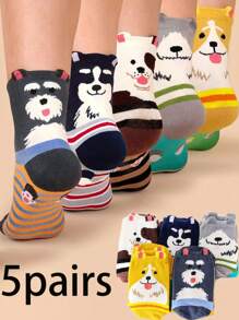 5 pares de calcetines de media caña para mujer con patrones de perros de dibujos animados, resistentes al olor, que absorben la humedad, suaves y cómodos, adecuados para deportes al aire libre/fiestas y uso diario. Calcetines cortos transpirables con lindos patrones de perros de dibujos animados.