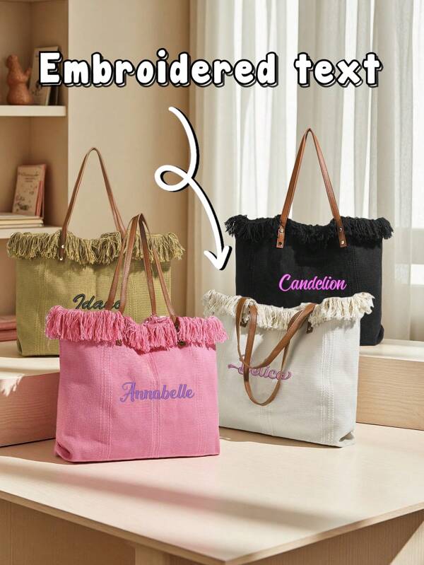 1pc Personalized Fashion Letter Tassel Canvas Tote Bag, Custom Embroidered Text, Large Capacity Minimalist Commuter Shopping Shoulder Bag, Vacation Travel Crossbody Bag, Student Book & Stationery Organizer, Summer New Elegant High-End Shoulder Bag, Suitable For Daily Use, Can Be Given As Back To School, Birthday, Holiday Gift To Family And Friends