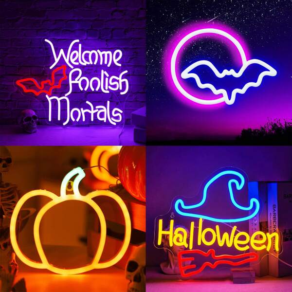 1 Set USB betriebene einstellbare Neon LED beleuchtete Halloween Dekorationen, beinhaltet Kürbis, Fledermaus, Hexenhut Symbole mit Dimmer Schalter für Wand, Wohnzimmer, Schlafzimmer, Kinderzimmer, Heimdekoration (Zubehör enthalten) Halloween Dekolicht Heimdekoration Party Dekoration Halloween Dekoration Raumdekoration Halloween Gartendekoration als Geschenk Fairy