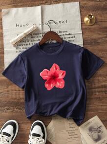 Girls & Teens' Casual Navy Blue Graphic Print Crew Neck Short Sleeve T-Shirt, Summer Top