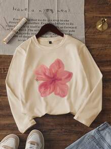 1 szt. dziewczęca luźna koszulka z nadrukiem kwiatowym, okrągłym dekoltem i długim rękawem, jesienna odzież dla studentów i młodzieży - przyciągająca wzrok koszulka z nadrukiem kwiatowym