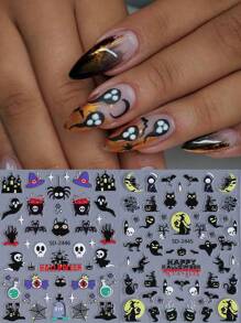 2 PIEZAS Pegatinas de uñas con relieve 5D espeluznantes para Halloween con gato negro, telaraña, murciélago, negro oscuro, decoraciones de uñas autoadhesivas tipo slider góticas Y2K para decoración de manicura en festividad de Halloween